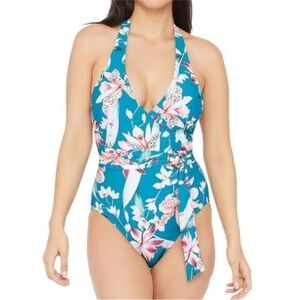 La Blanca orchid Cross Front Belted One Piece Swimsuit halter neck belt floral